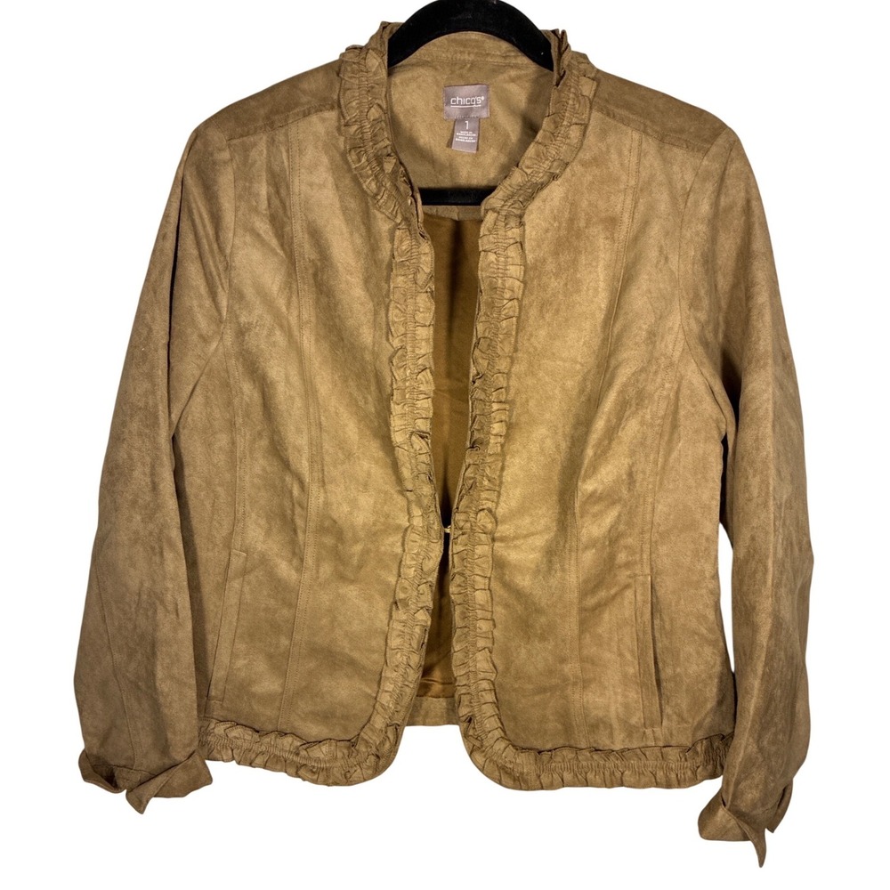 Chico's Faux Suede Ruffle Jacket Size 1 (US Med 8-10) Caramel Tan Boho Chic